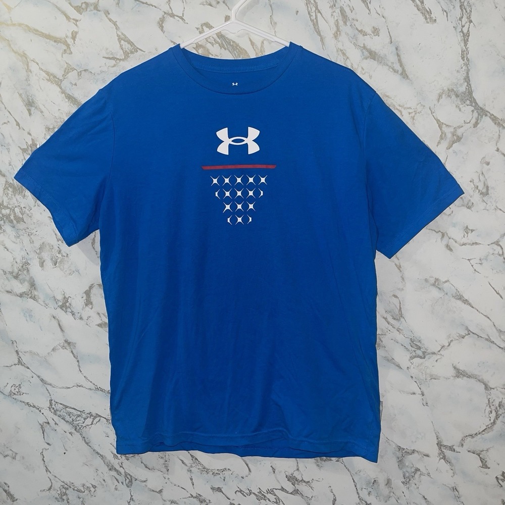Under Armour Men's L Blue Crew Neck Short Sleeve Graphic Logo Loose Fit Tee